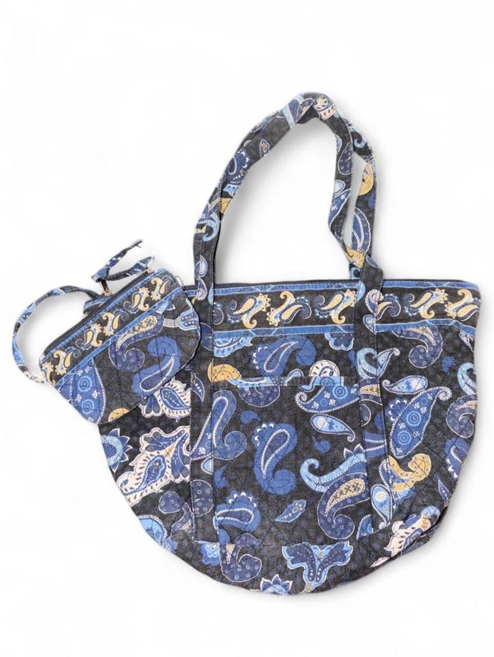 Vera Bradley Classic Navy Paisley Tote Bag & Matching Cosmetic Pouch Set